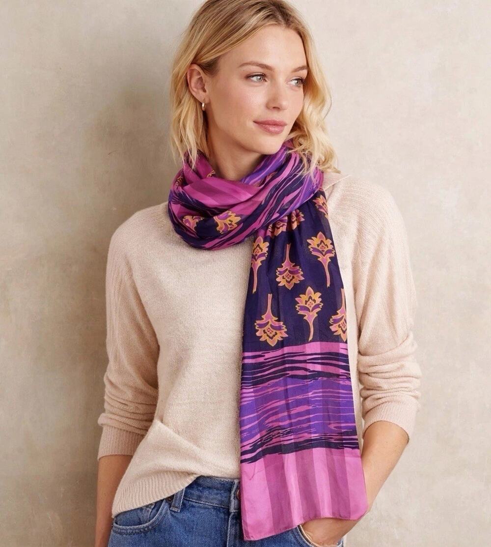 Silk Pink Purple Floral Oblong Scarf Spring Easter Boho Chic Colorful Handrolled